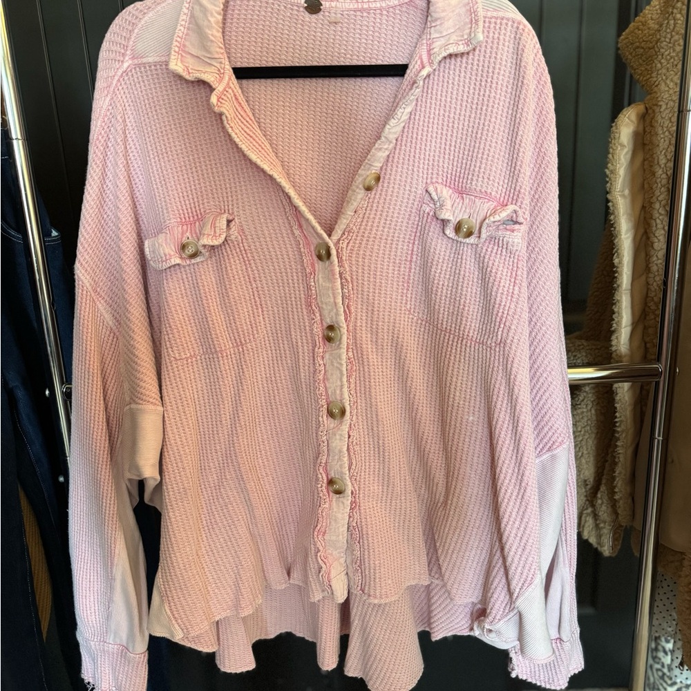 Pink Free People Scout Jacket Button-Up Waffle Knit